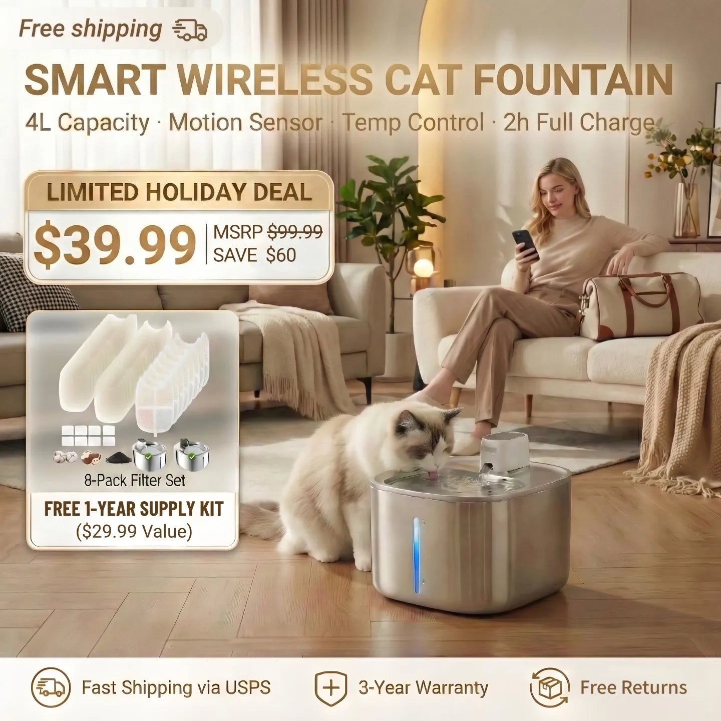 Wireless Pet Fountain – Pure, Filtered & Perfectly Warm